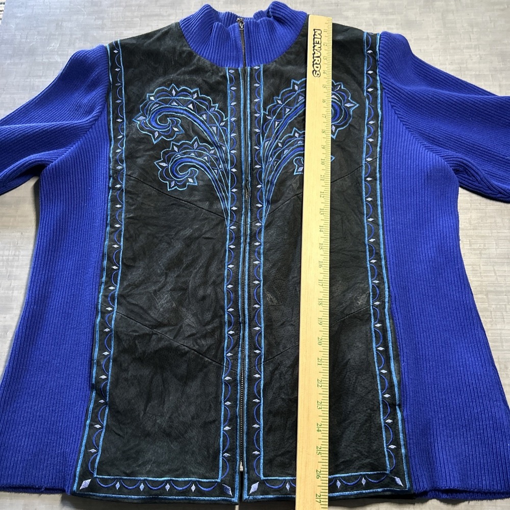 Bob Mackie Wearable Art Leather Embroidered Zip Jacket Blue Black Women's  1X - Picture 7 of 9